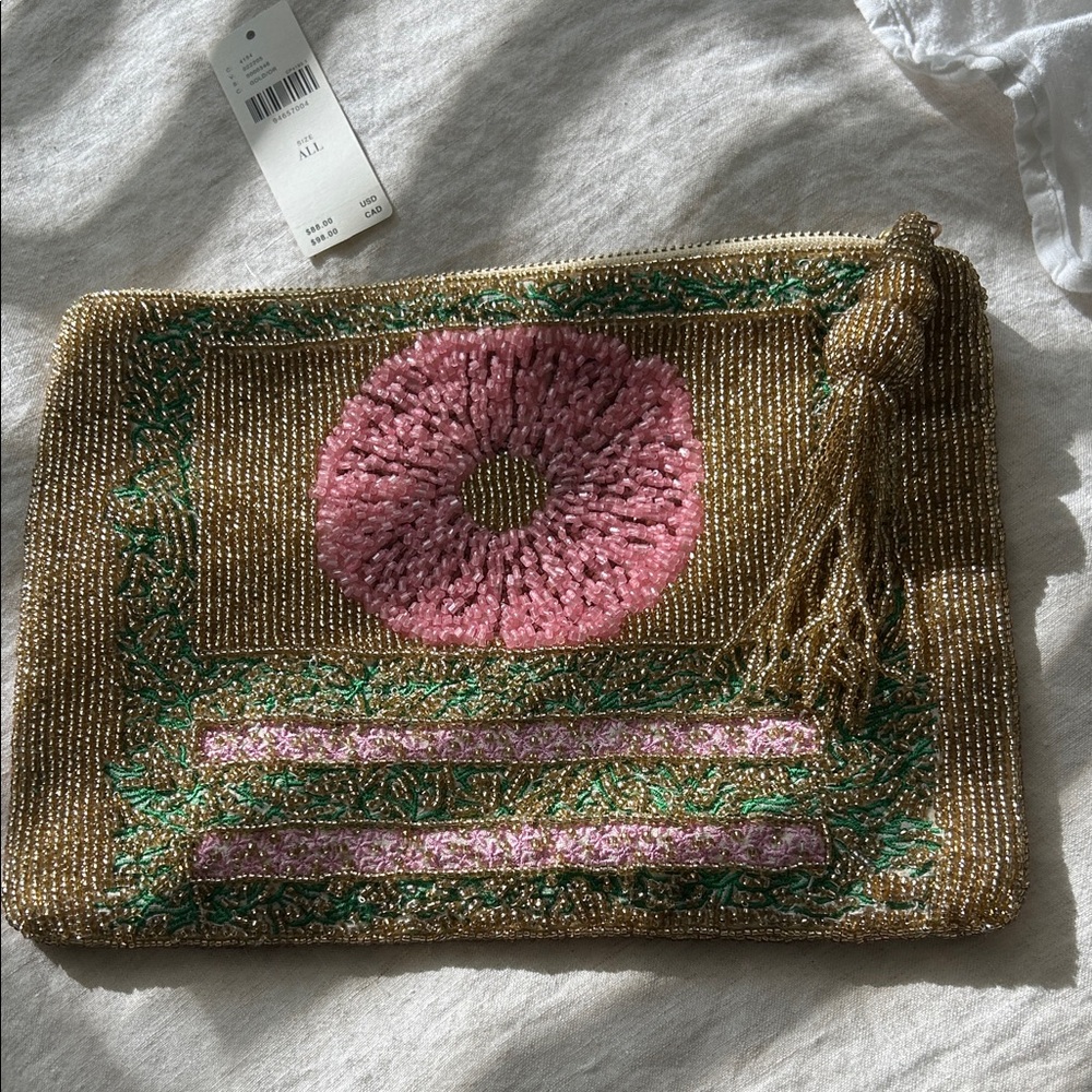 NEW LISTING! NWT ANTHROPOLOGIE LARGE Elegant Gold and Pink Beaded Clutch